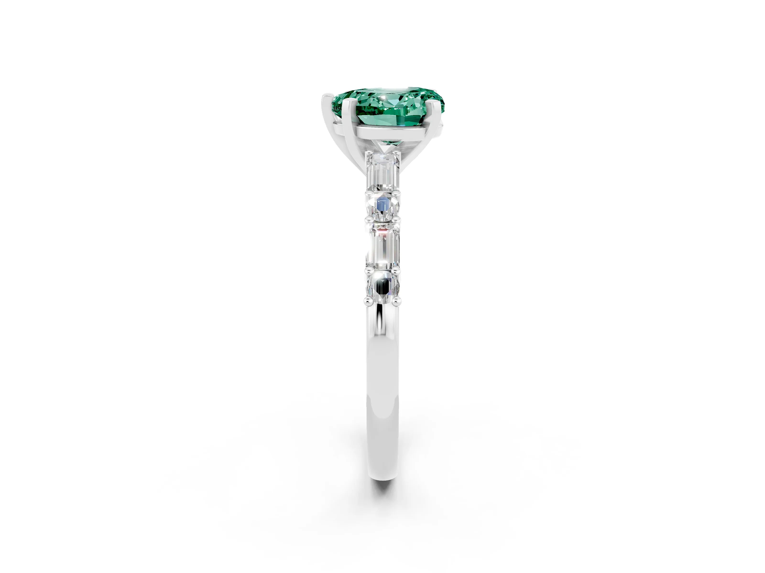 White gold Heart Cut Green Sapphire Solitaire with Side Baguettes and Channel Set Band_2