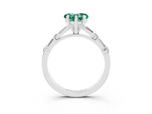 White gold Heart Cut Green Sapphire Solitaire with Side Baguettes and Channel Set Band