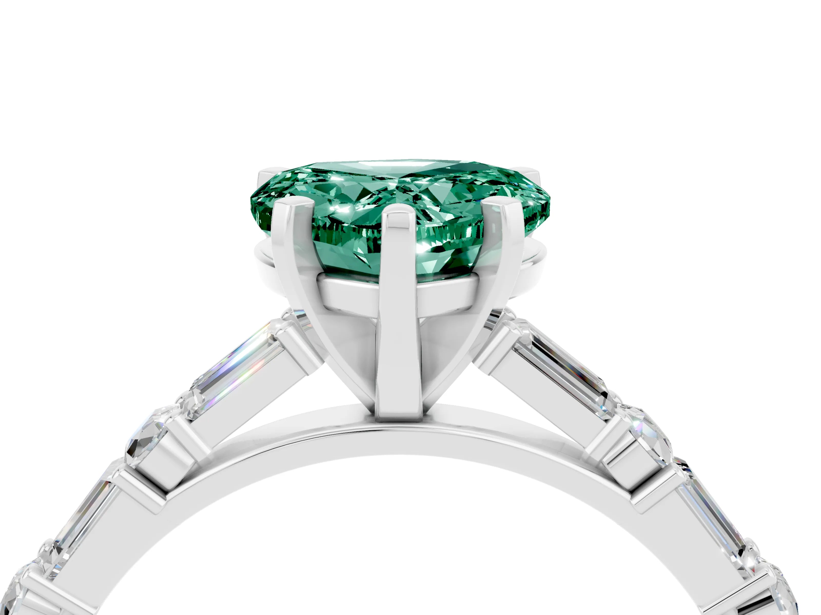 White gold Heart Cut Green Sapphire Solitaire with Side Baguettes and Channel Set Band_4