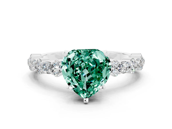 Silver Heart Cut Green Sapphire Side Stone Solitaire Ring with Round  and Four-Prong Setting