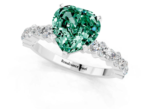 Silver Heart Cut Green Sapphire Side Stone Solitaire Ring with Round  and Four-Prong Setting