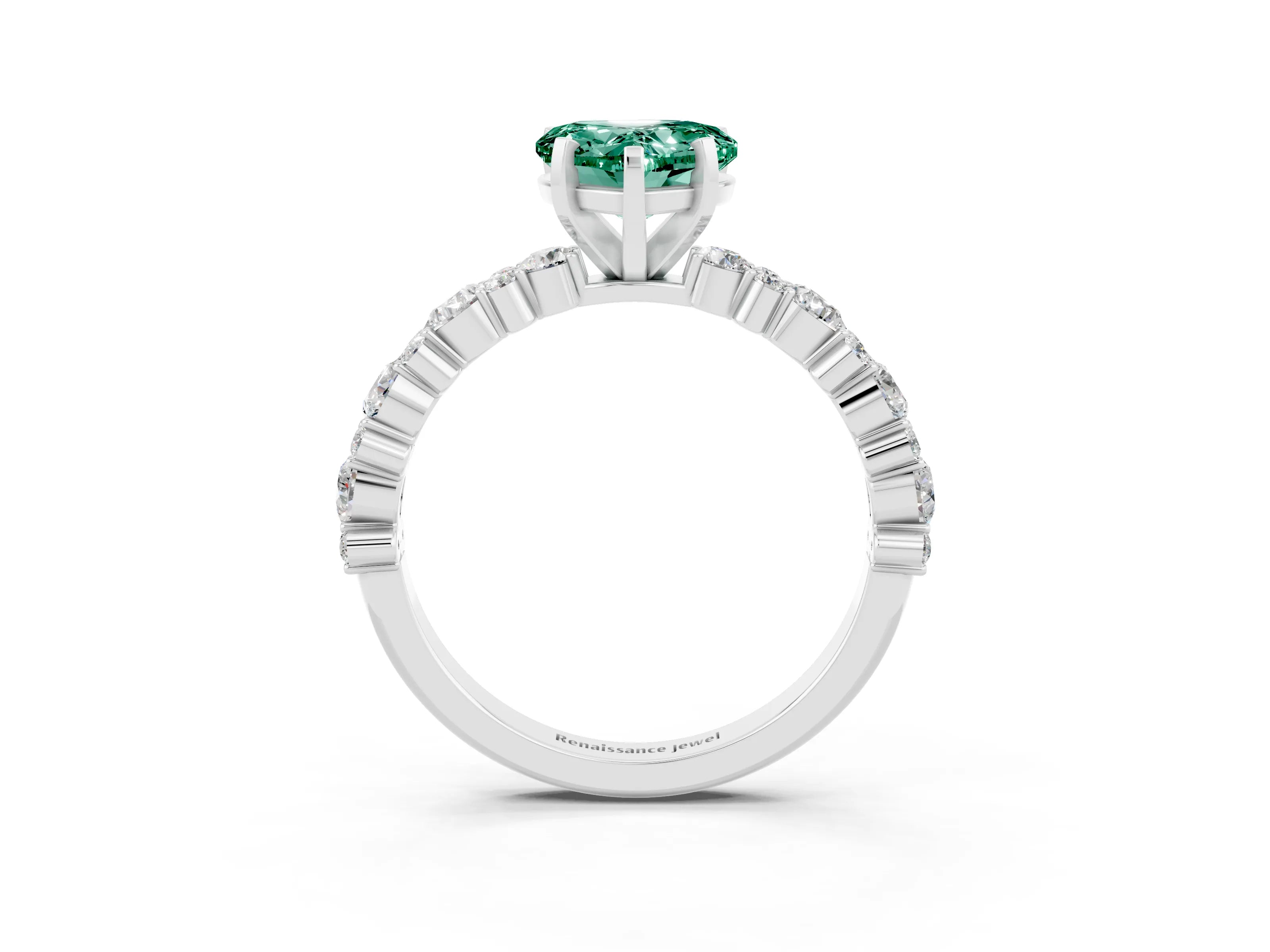 White gold Heart Cut Green Sapphire Solitaire with Side Stones, Pave Band, Four-Prong Setting_27