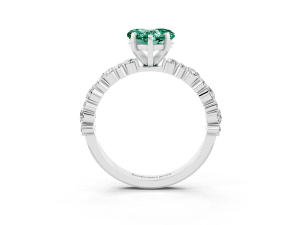 Platinum Heart Cut Green Sapphire Side Stone Solitaire Ring with Round  and Four-Prong Setting
