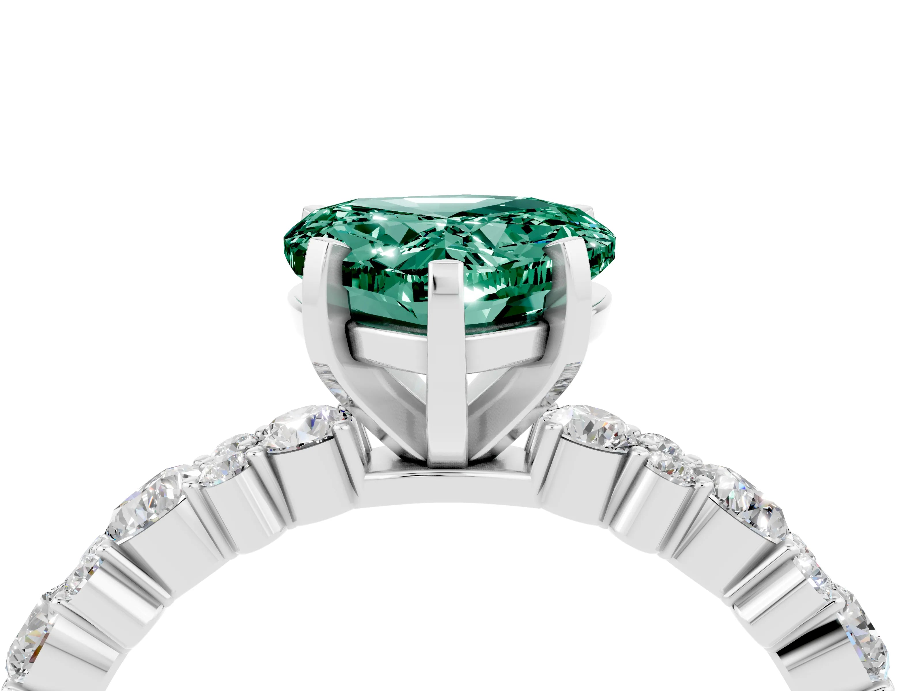 White gold Heart Cut Green Sapphire Solitaire with Side Stones, Pave Band, Four-Prong Setting_28
