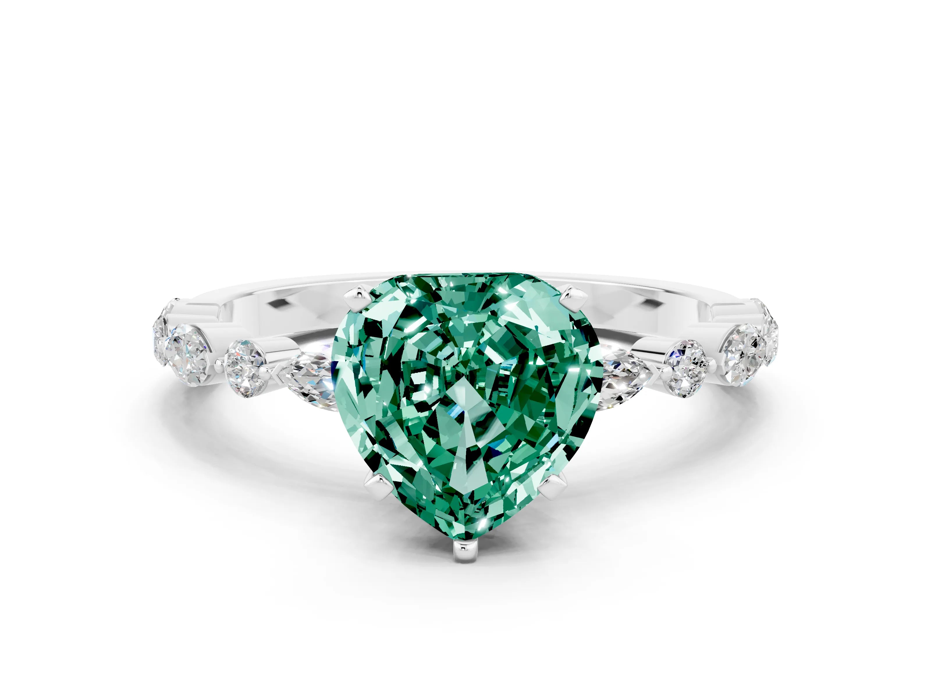 White gold Heart Cut Green Sapphire Solitaire with Side Stones on a Pavé Band and Four-Prong Setting