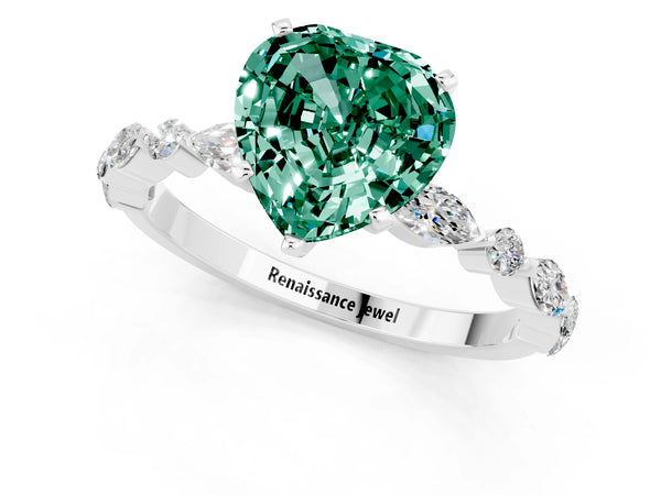Platinum Heart Cut Green Sapphire Ring with Marquise and Round  Side Stones and Four-Prong Setting
