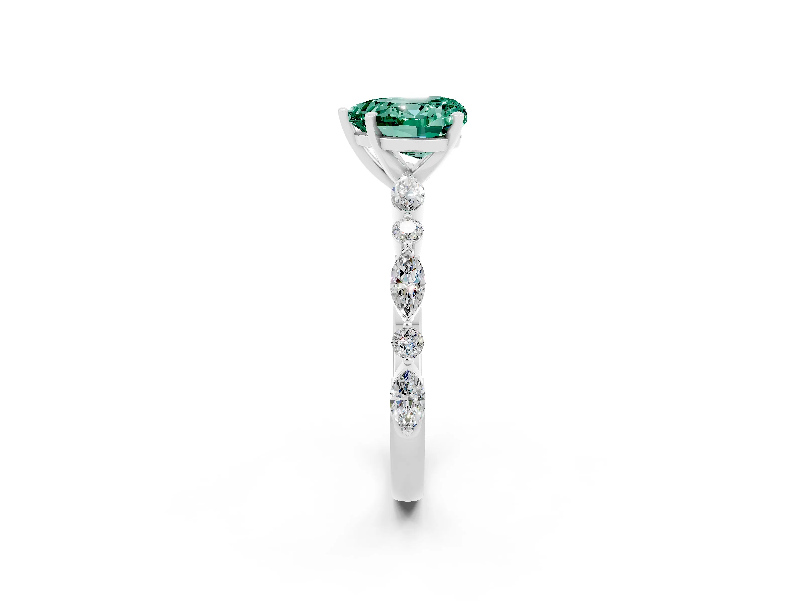 White gold Heart Cut Green Sapphire Solitaire with Side Stones on a Pavé Band and Four-Prong Setting_2