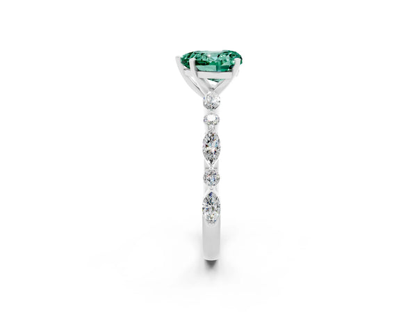 Platinum Heart Cut Green Sapphire Ring with Marquise and Round  Side Stones and Four-Prong Setting