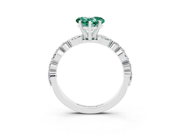 White gold Heart Cut Green Sapphire Ring with Marquise and Round  Side Stones and Four-Prong Setting