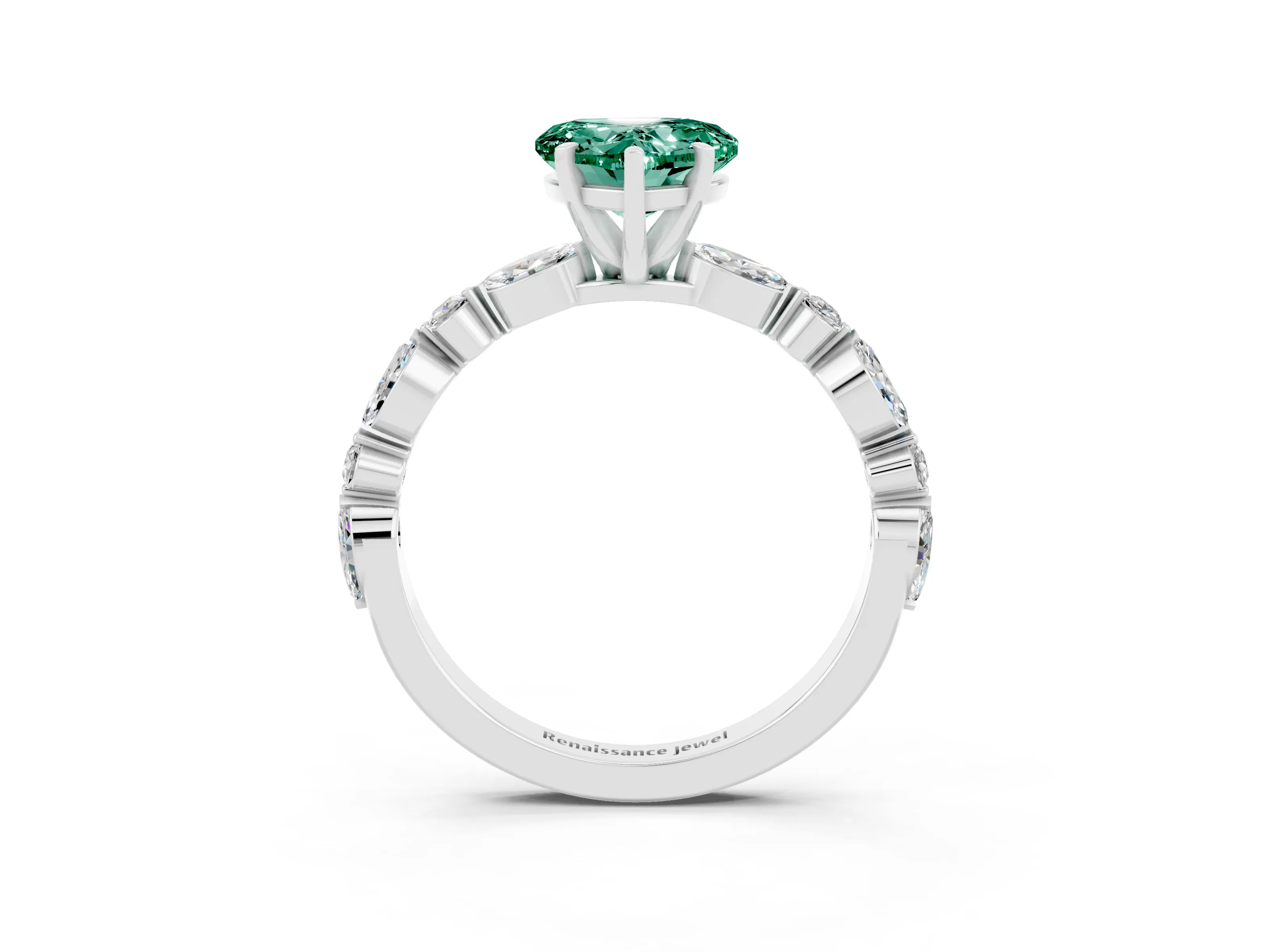 White gold Heart Cut Green Sapphire Solitaire with Side Stones on a Pavé Band and Four-Prong Setting_3