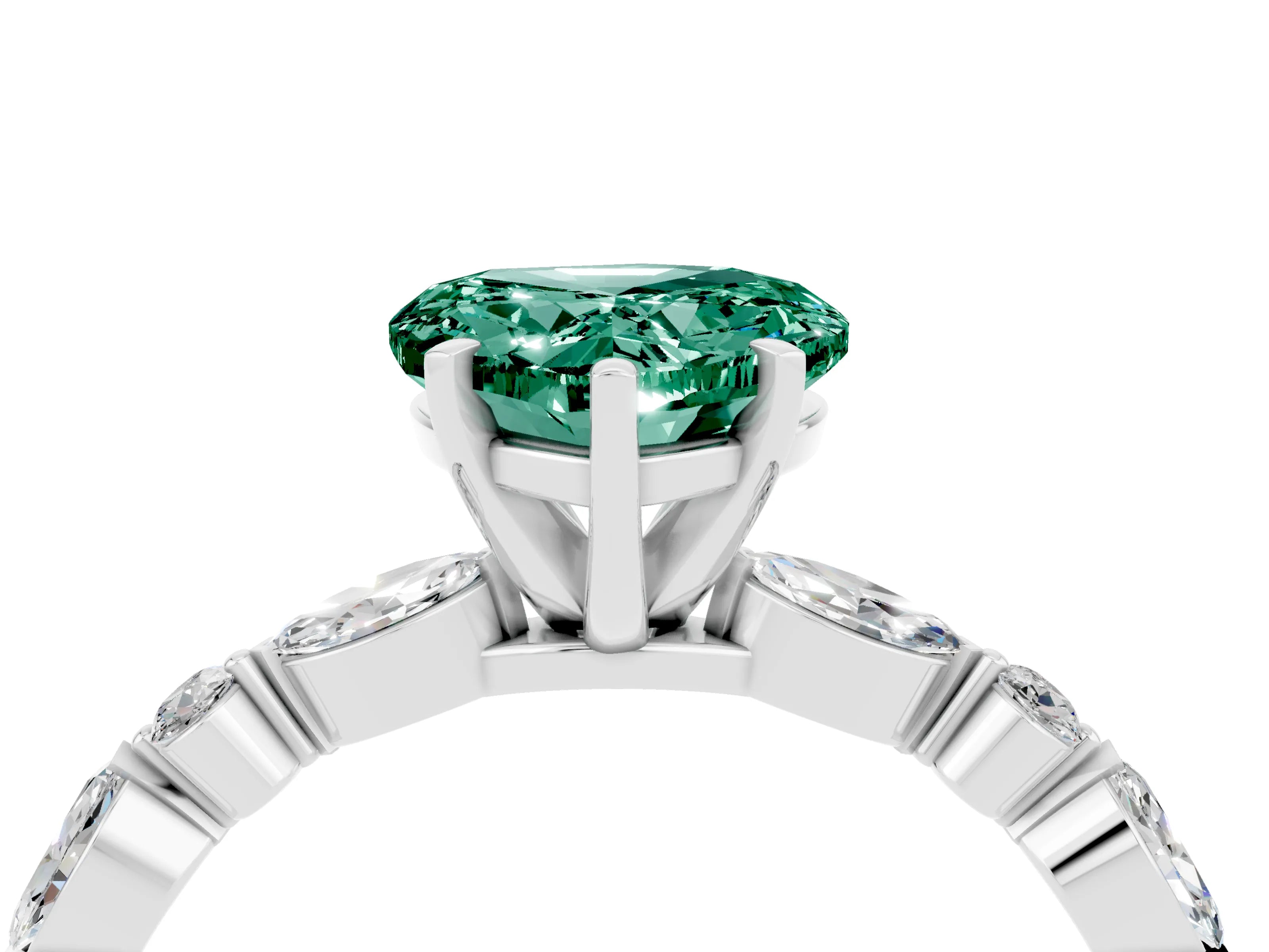 White gold Heart Cut Green Sapphire Solitaire with Side Stones on a Pavé Band and Four-Prong Setting_4