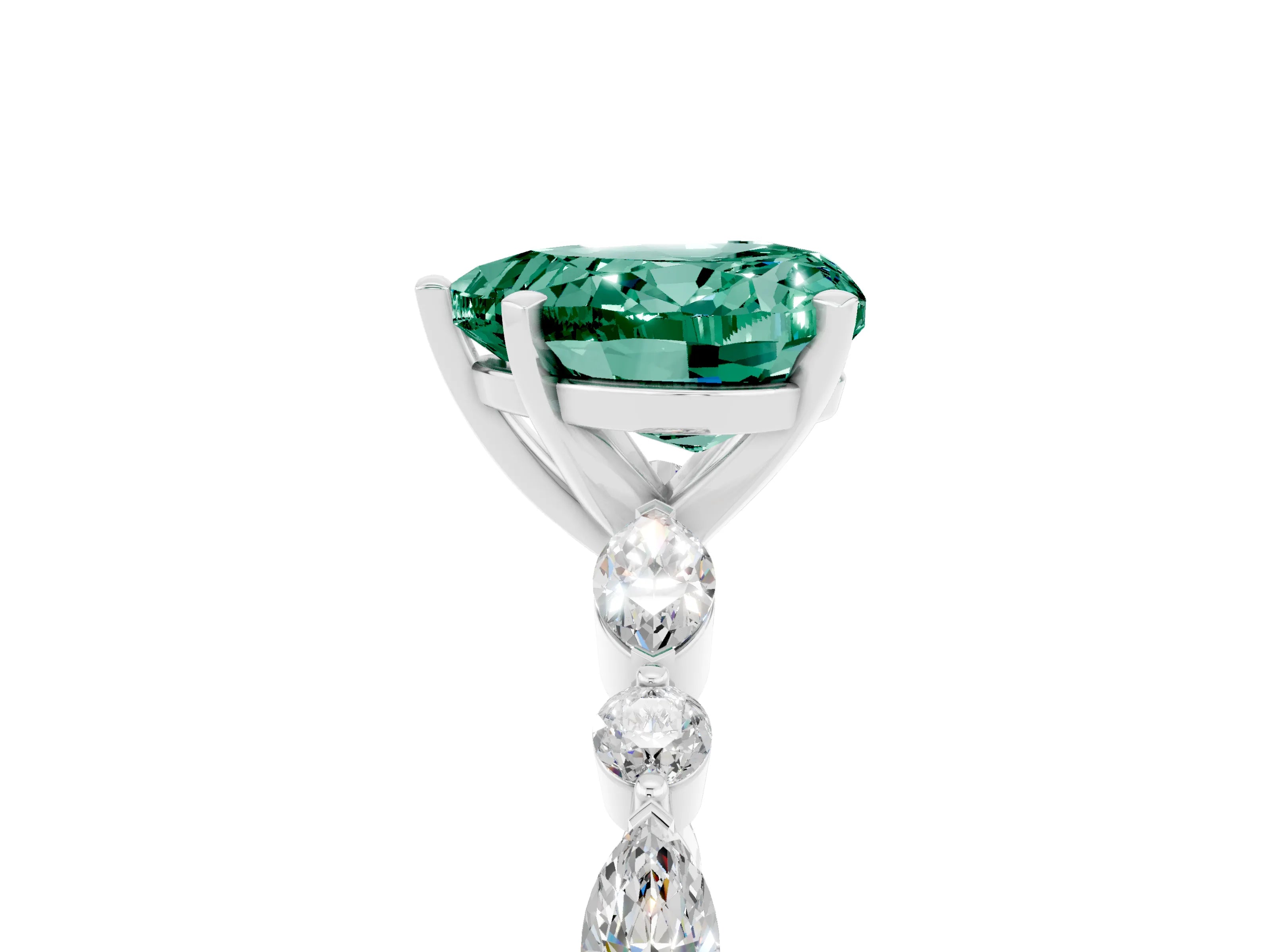 White gold Heart Cut Green Sapphire Solitaire with Side Stones on a Pavé Band and Four-Prong Setting_5