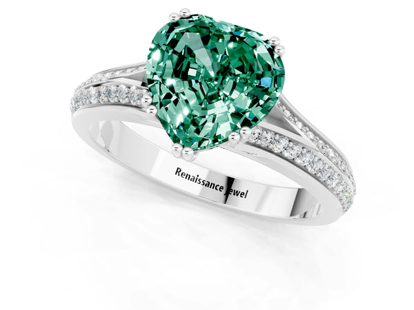 Silver Heart Cut Green Sapphire Split Shank Engagement Ring with Pavé Band