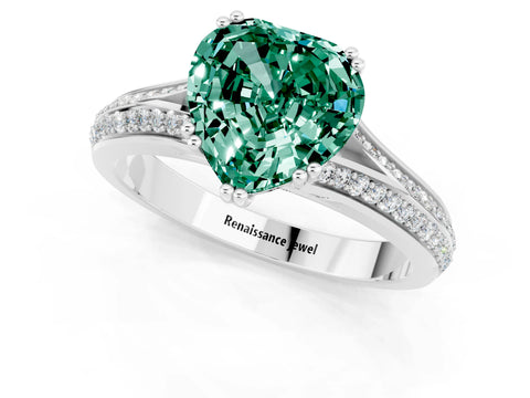 White gold Heart Cut Green Sapphire Split Shank Engagement Ring with Pavé Band_1