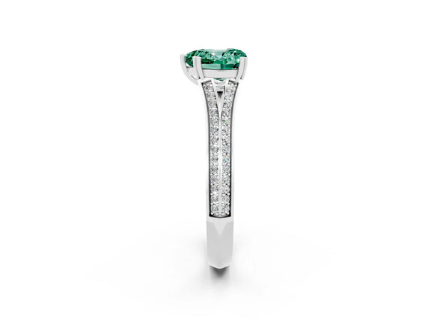 White gold Heart Cut Green Sapphire Split Shank Engagement Ring with Pavé Band