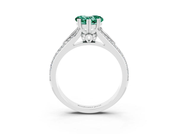 Platinum Heart Cut Green Sapphire Split Shank Engagement Ring with Pavé Band