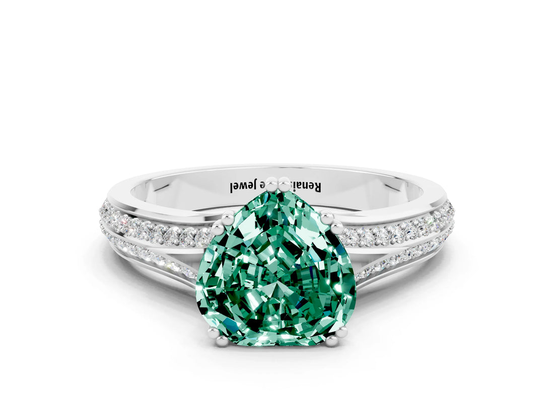 White gold Heart Cut Green Sapphire Split Shank Engagement Ring with Pavé Band