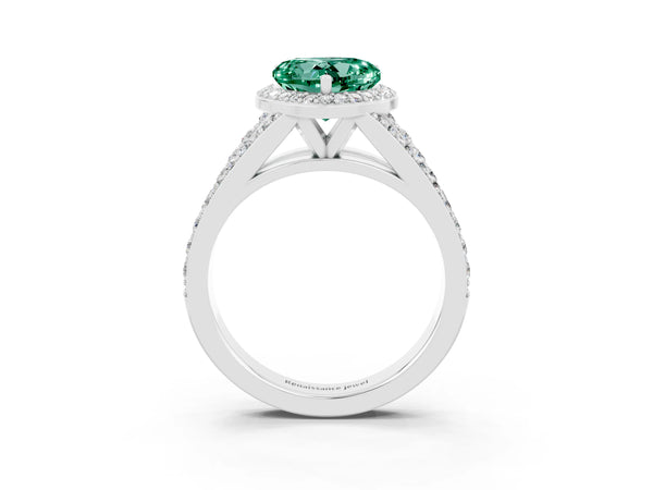 Silver Heart Cut Green Sapphire Split Shank Halo Ring with Four-Prong Setting