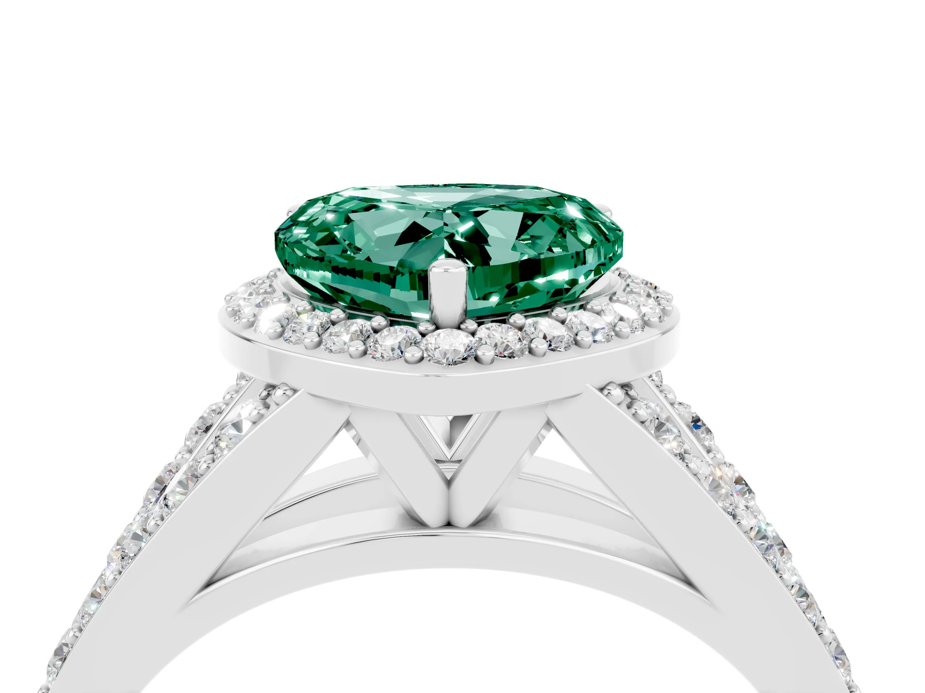 White gold Heart Cut Green Sapphire Split Shank Halo Ring with Four-Prong Setting_57