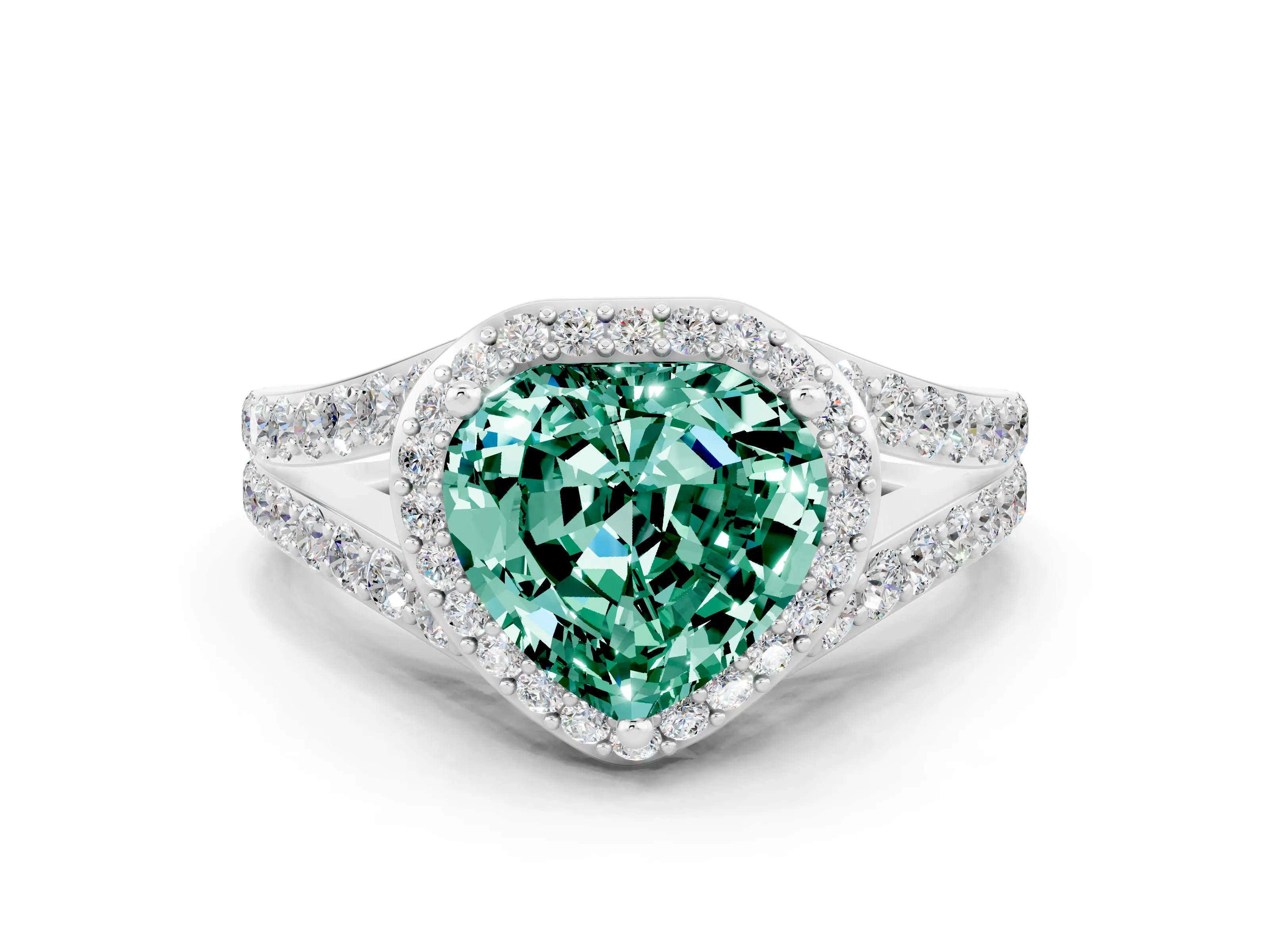 White gold Heart Cut Green Sapphire Split Shank Halo Ring with Four-Prong Setting_60