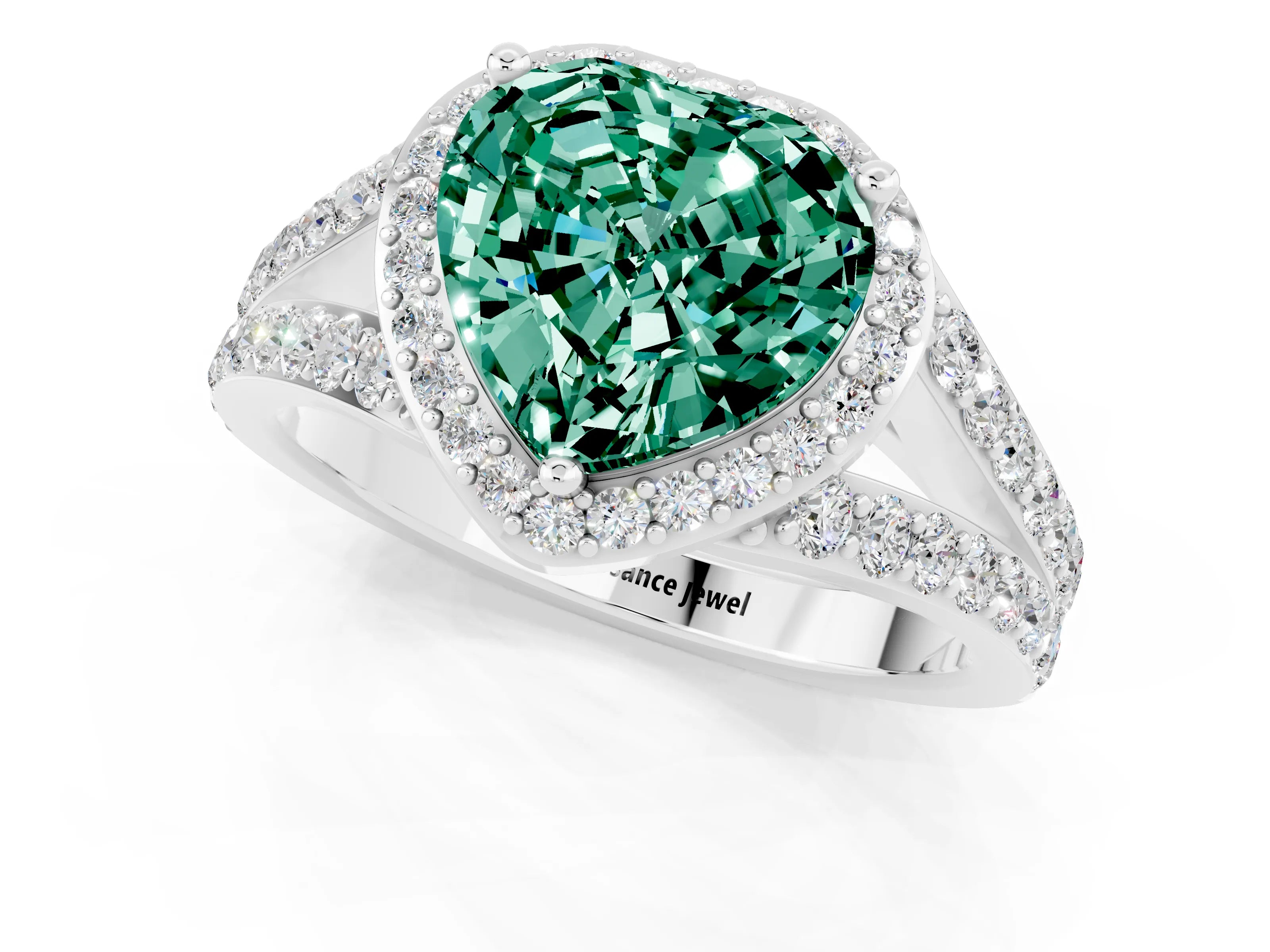 White gold Heart Cut Green Sapphire Split Shank Halo Ring with Four-Prong Setting_61