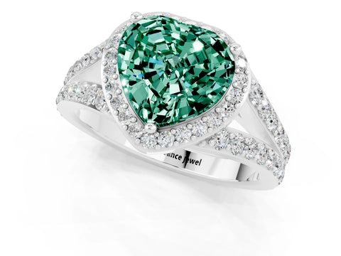 White gold Heart Cut Green Sapphire Split Shank Halo Ring with Four-Prong Setting_61