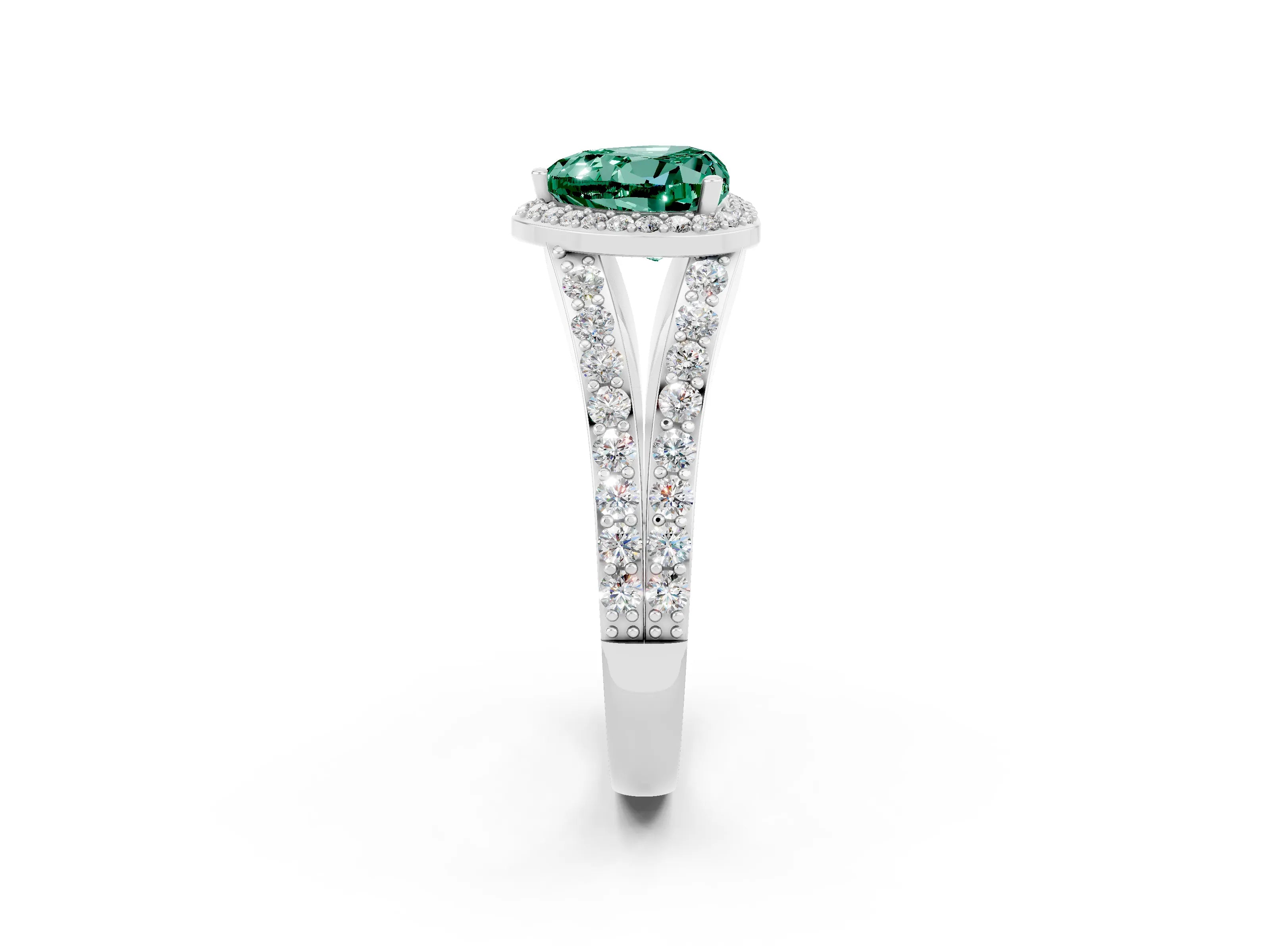 White gold Heart Cut Green Sapphire Split Shank Halo Ring with Four-Prong Setting_62