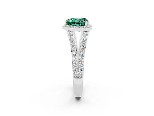 White gold Heart Cut Green Sapphire Split Shank Halo Ring with Four-Prong Setting