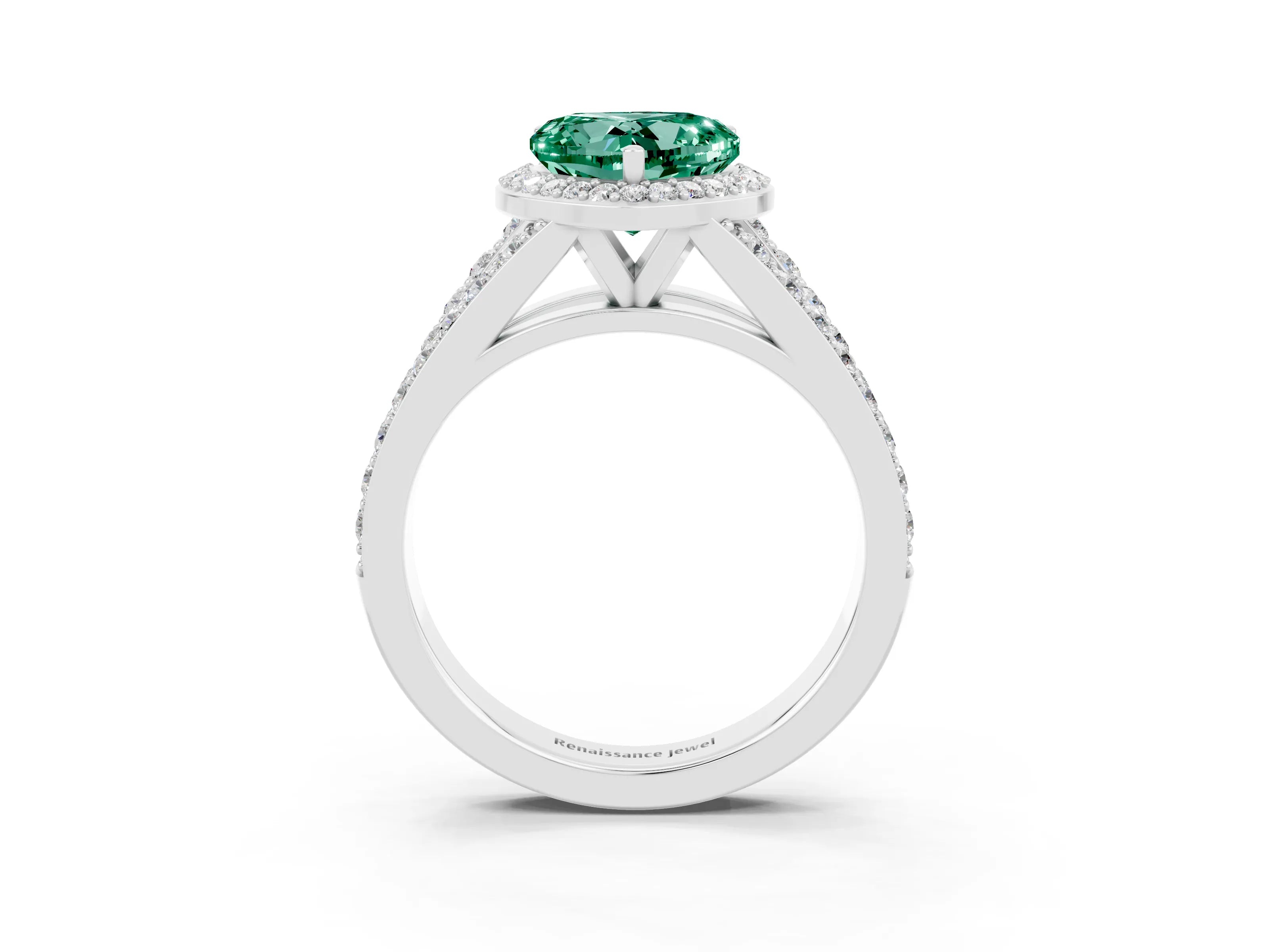 White gold Heart Cut Green Sapphire Split Shank Halo Ring with Four-Prong Setting_63