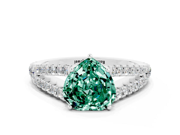 Platinum Heart Cut Green Sapphire Split Shank Pavé Engagement Ring with Four-Prong Setting
