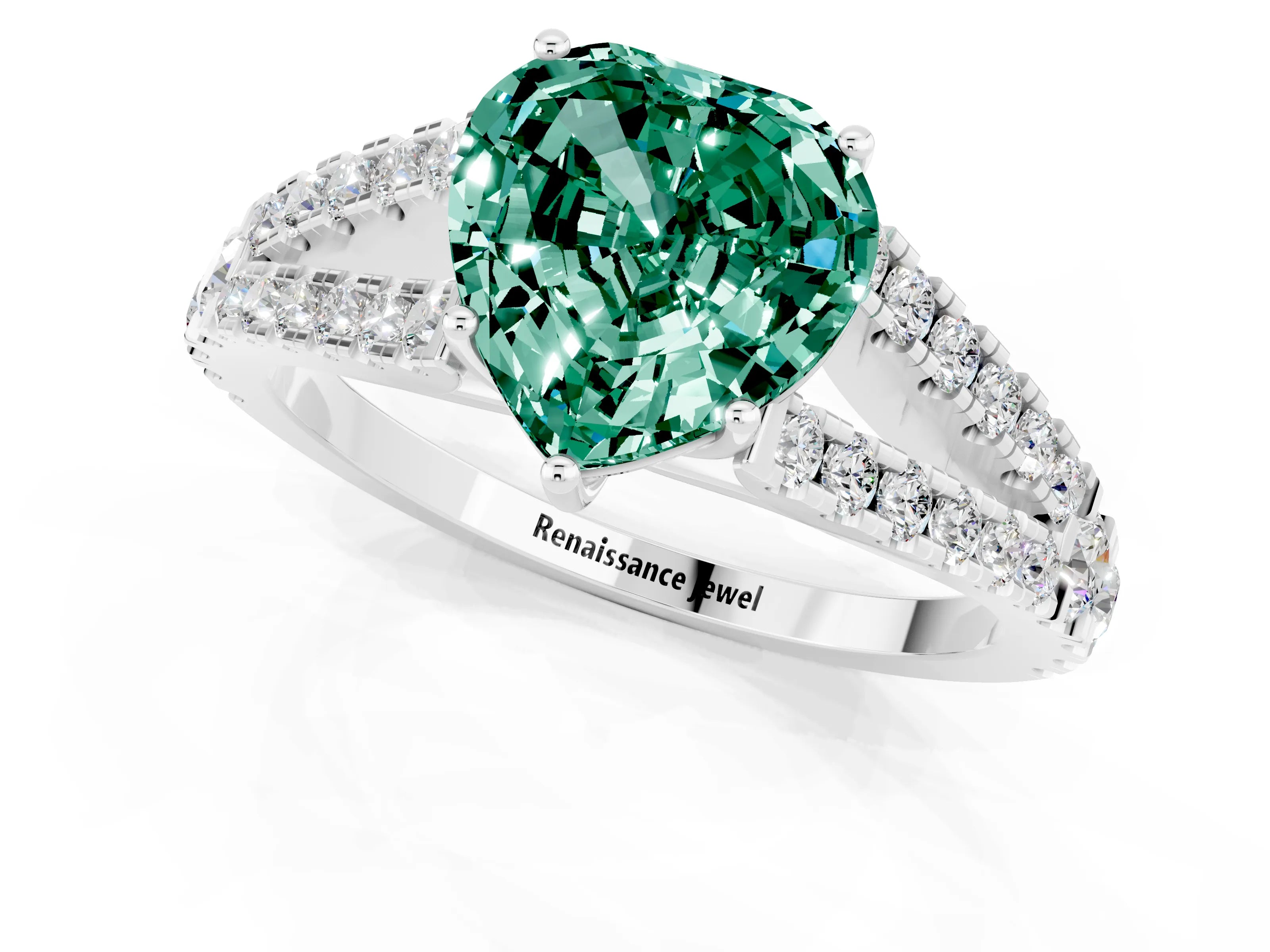 White gold Heart Cut Green Sapphire Split Shank Pavé Engagement Ring with Four-Prong Setting_13