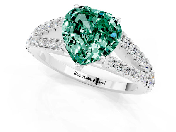 Silver Heart Cut Green Sapphire Split Shank Pavé Engagement Ring with Four-Prong Setting