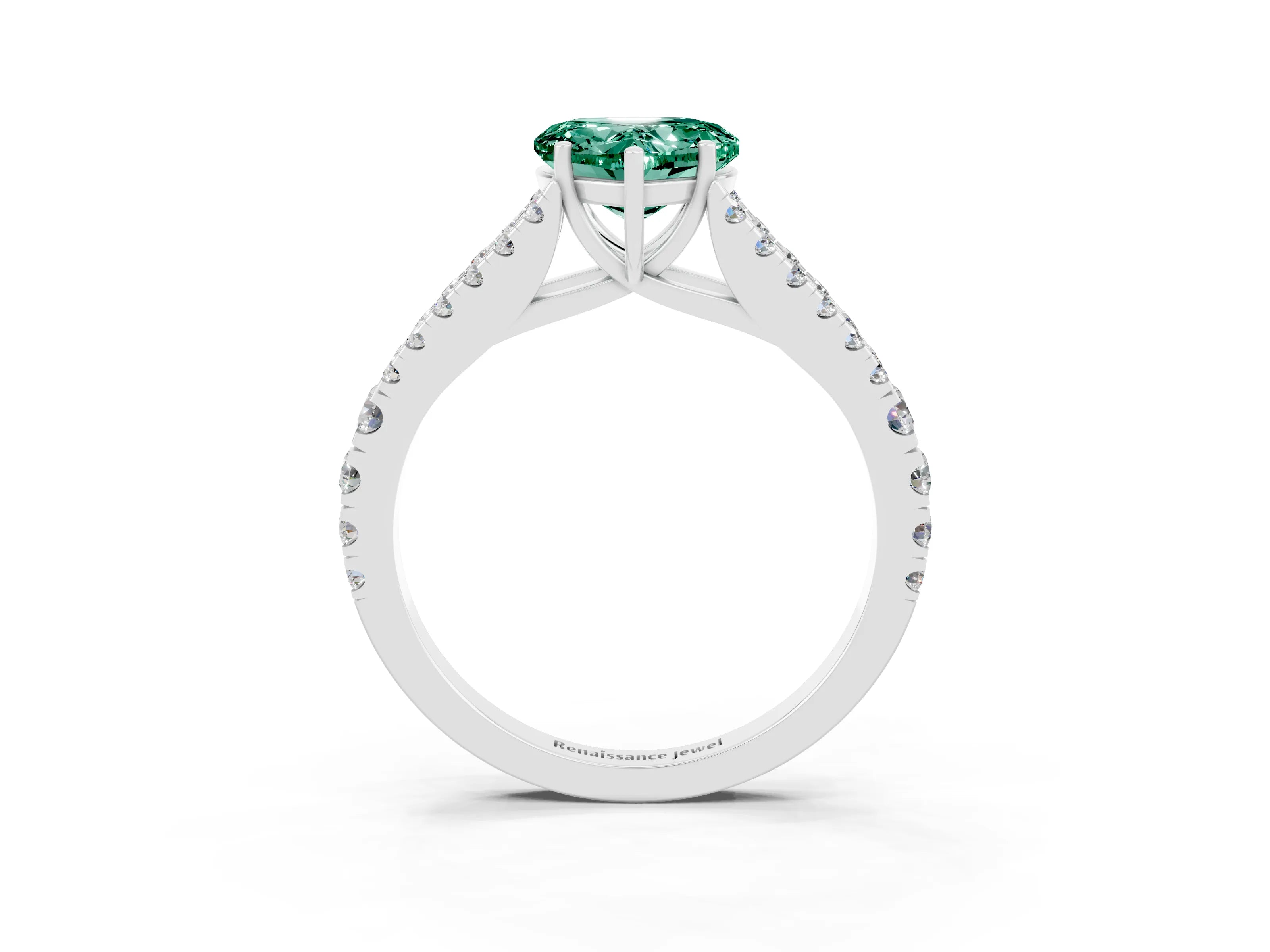 White gold Heart Cut Green Sapphire Split Shank Pavé Engagement Ring with Four-Prong Setting_15