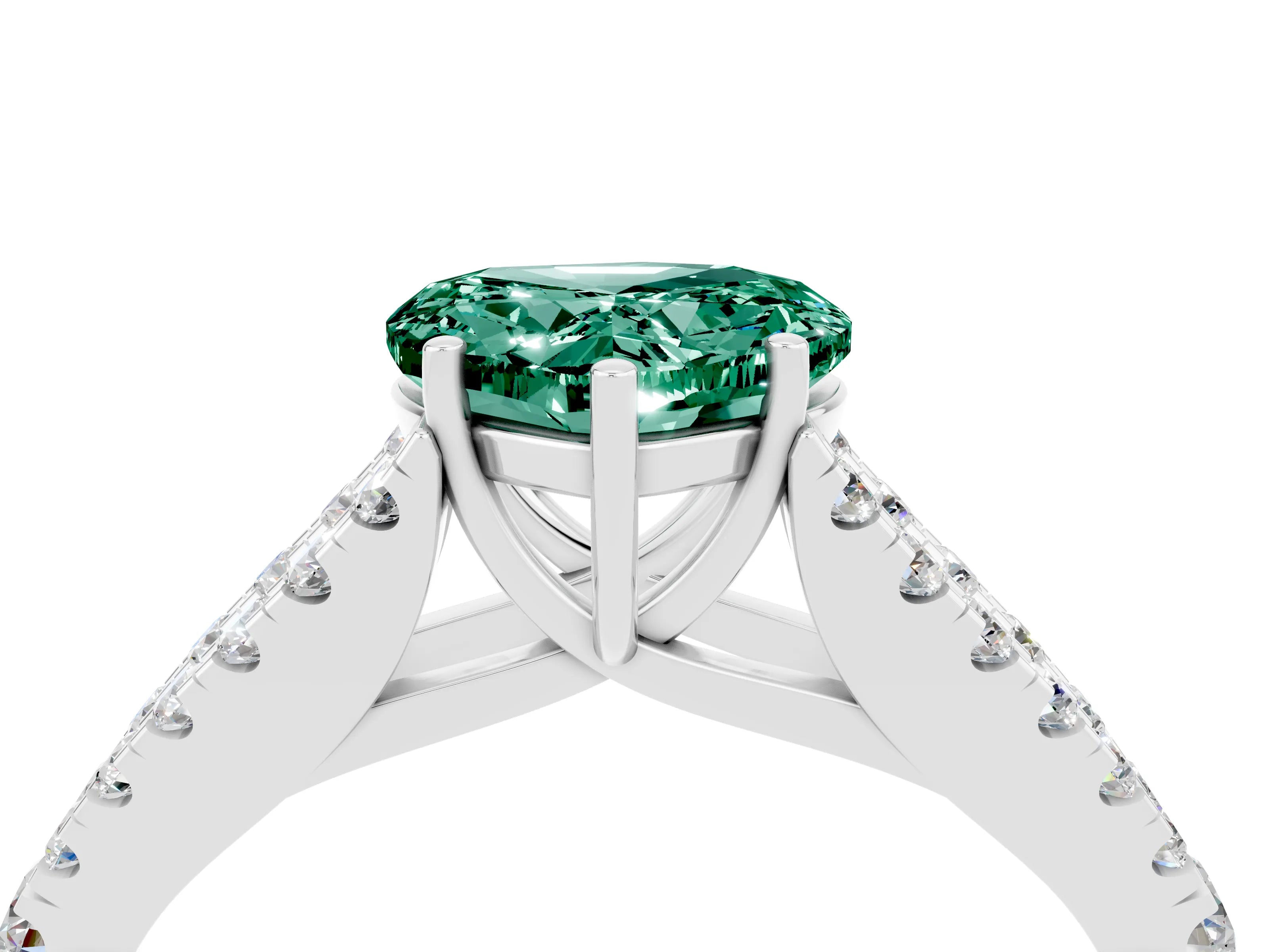 White gold Heart Cut Green Sapphire Split Shank Pavé Engagement Ring with Four-Prong Setting_16