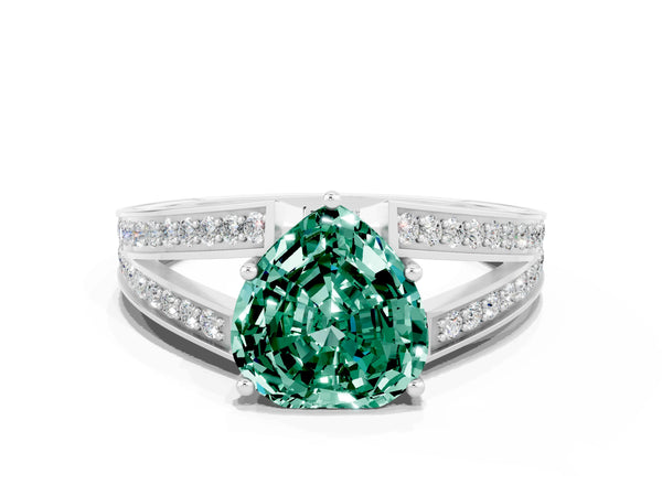 Platinum Heart Cut Green Sapphire Split Shank Ring with Pavé Band and Four-Prong Setting