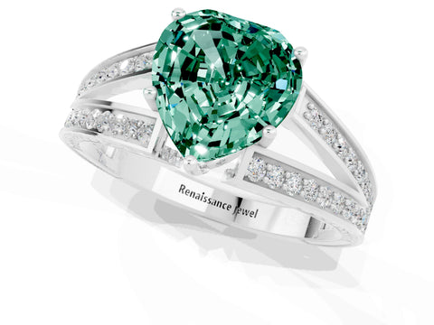 White gold Heart Cut Green Sapphire Split Shank Ring with Pavé Band and Four-Prong Setting_1