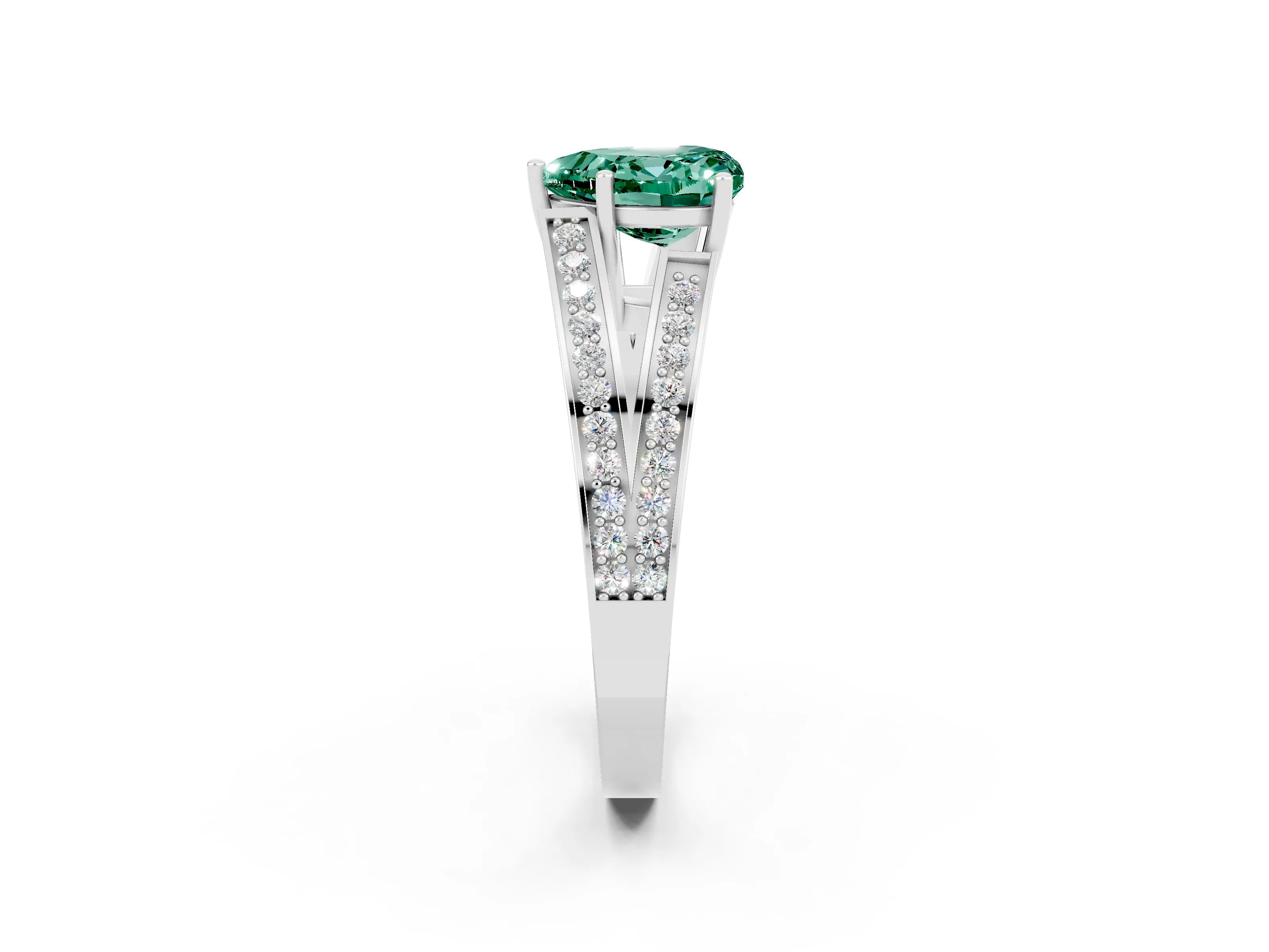 White gold Heart Cut Green Sapphire Split Shank Ring with Pavé Band and Four-Prong Setting_2