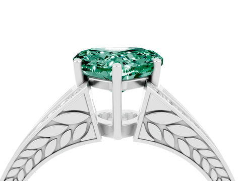 White gold Heart Cut Green Sapphire Split Shank Ring with Pavé Band and Four-Prong Setting_4