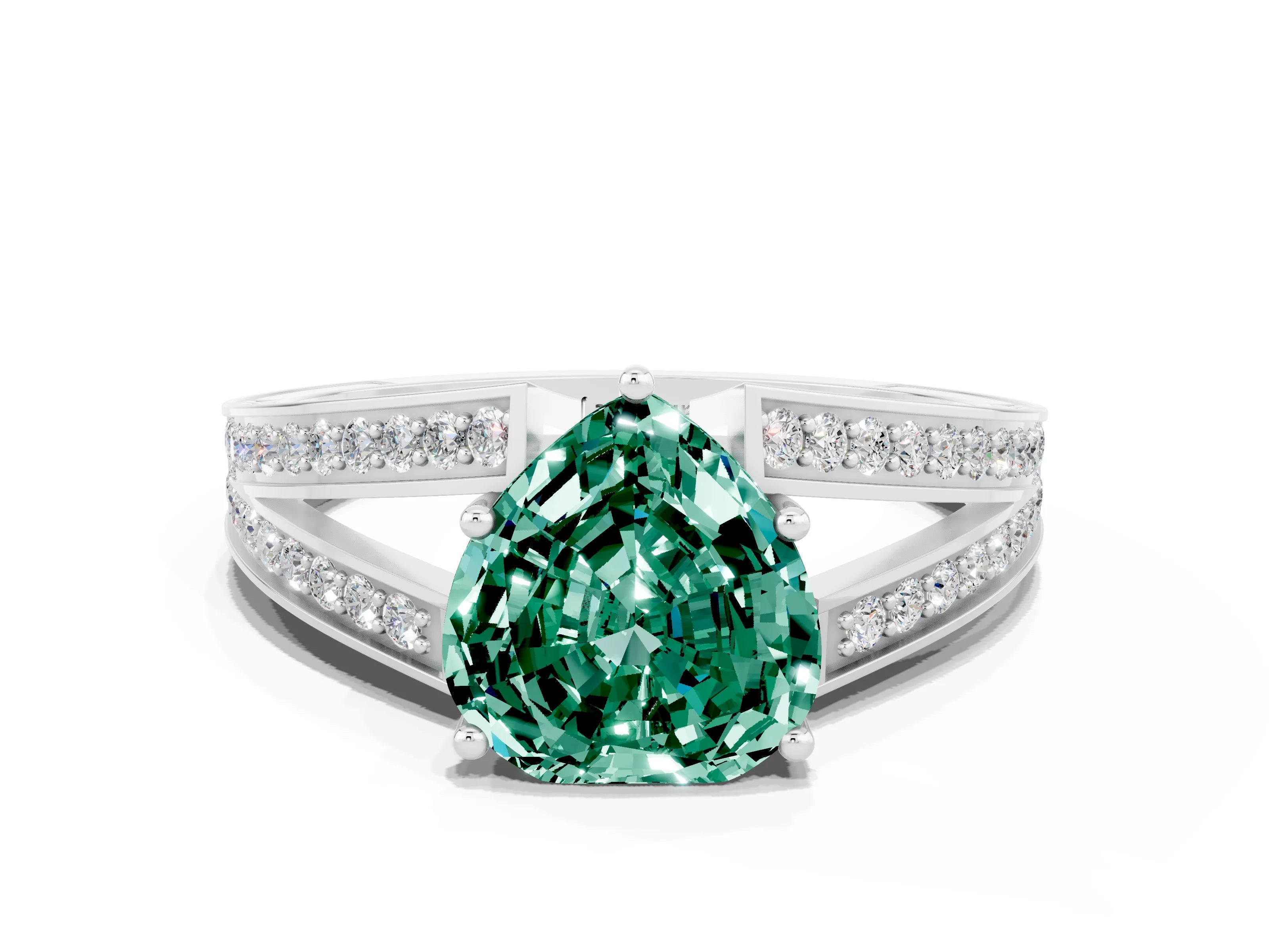 White gold Heart Cut Green Sapphire Split Shank Ring with Pavé Band and Four-Prong Setting