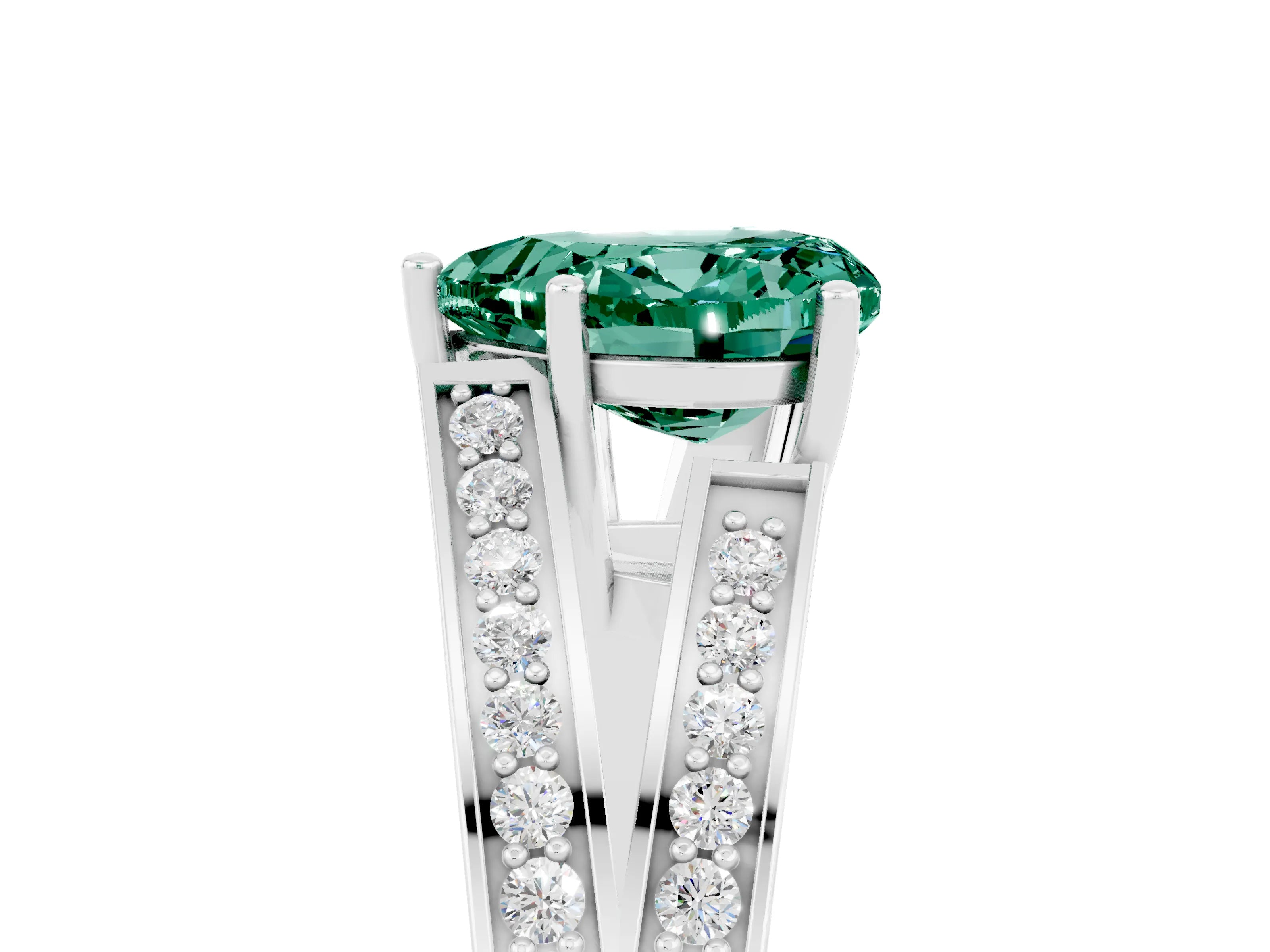 White gold Heart Cut Green Sapphire Split Shank Ring with Pavé Band and Four-Prong Setting_5