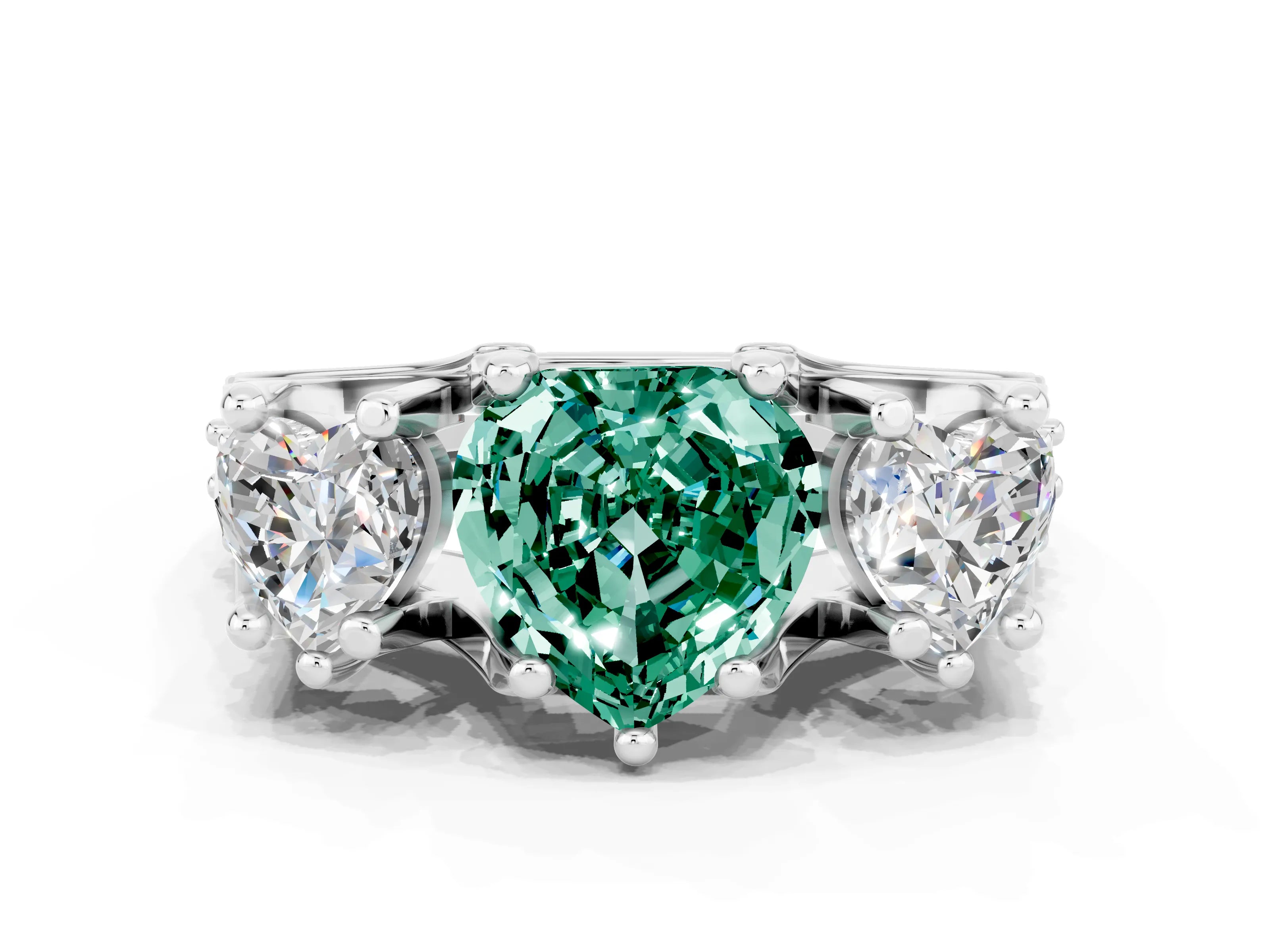 White gold Heart Cut Green Sapphire Three-Stone Ring with Channel Set Band and Four-Prong Setting