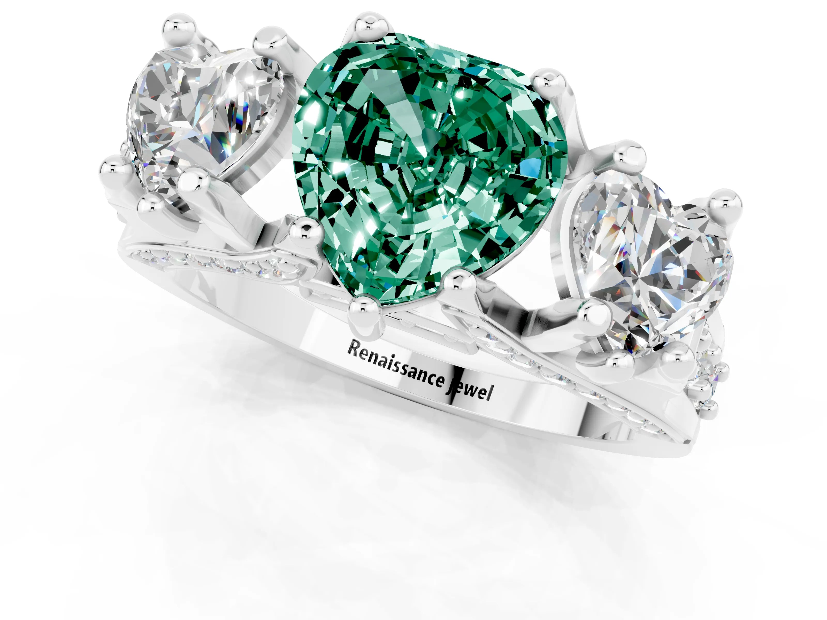 White gold Heart Cut Green Sapphire Three-Stone Ring with Channel Set Band and Four-Prong Setting_1