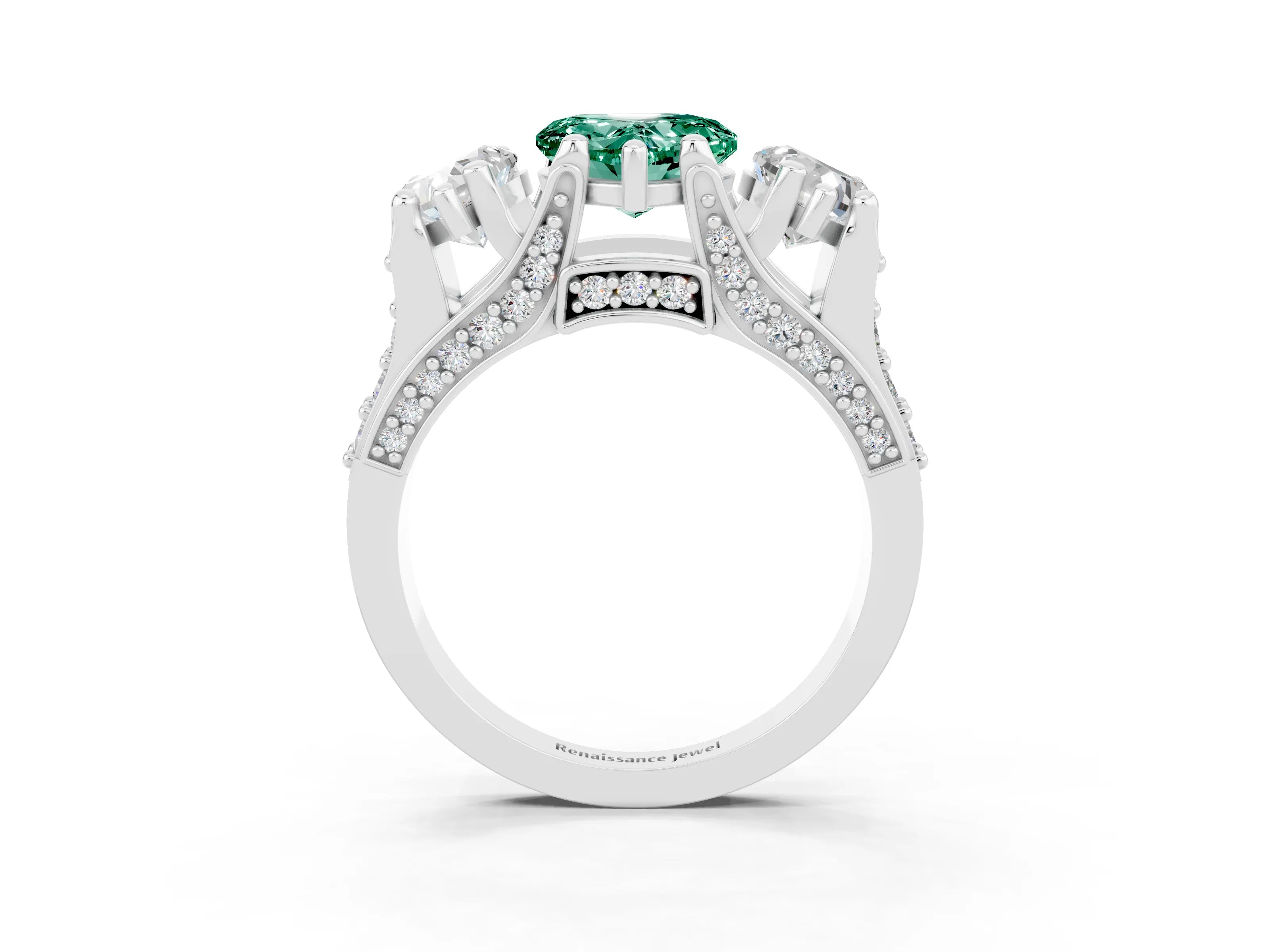 White gold Heart Cut Green Sapphire Three-Stone Ring with Channel Set Band and Four-Prong Setting_3
