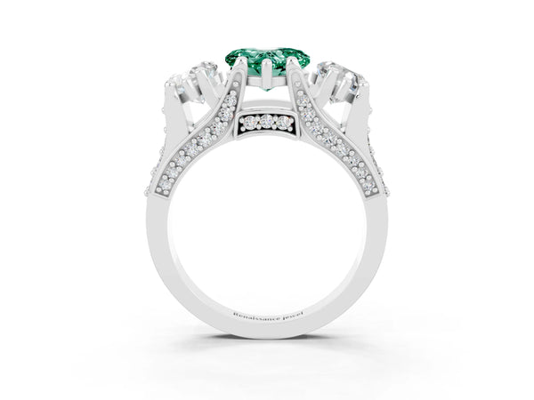 Silver Heart Cut Green Sapphire Three-Stone Ring with Channel Set Band and Four-Prong Setting