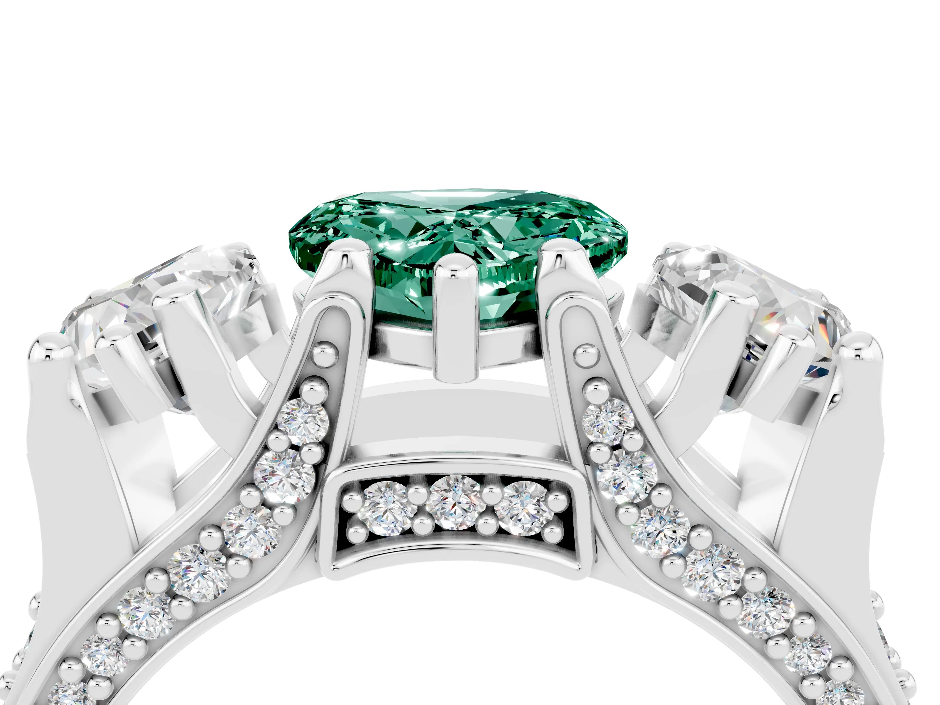 White gold Heart Cut Green Sapphire Three-Stone Ring with Channel Set Band and Four-Prong Setting_4