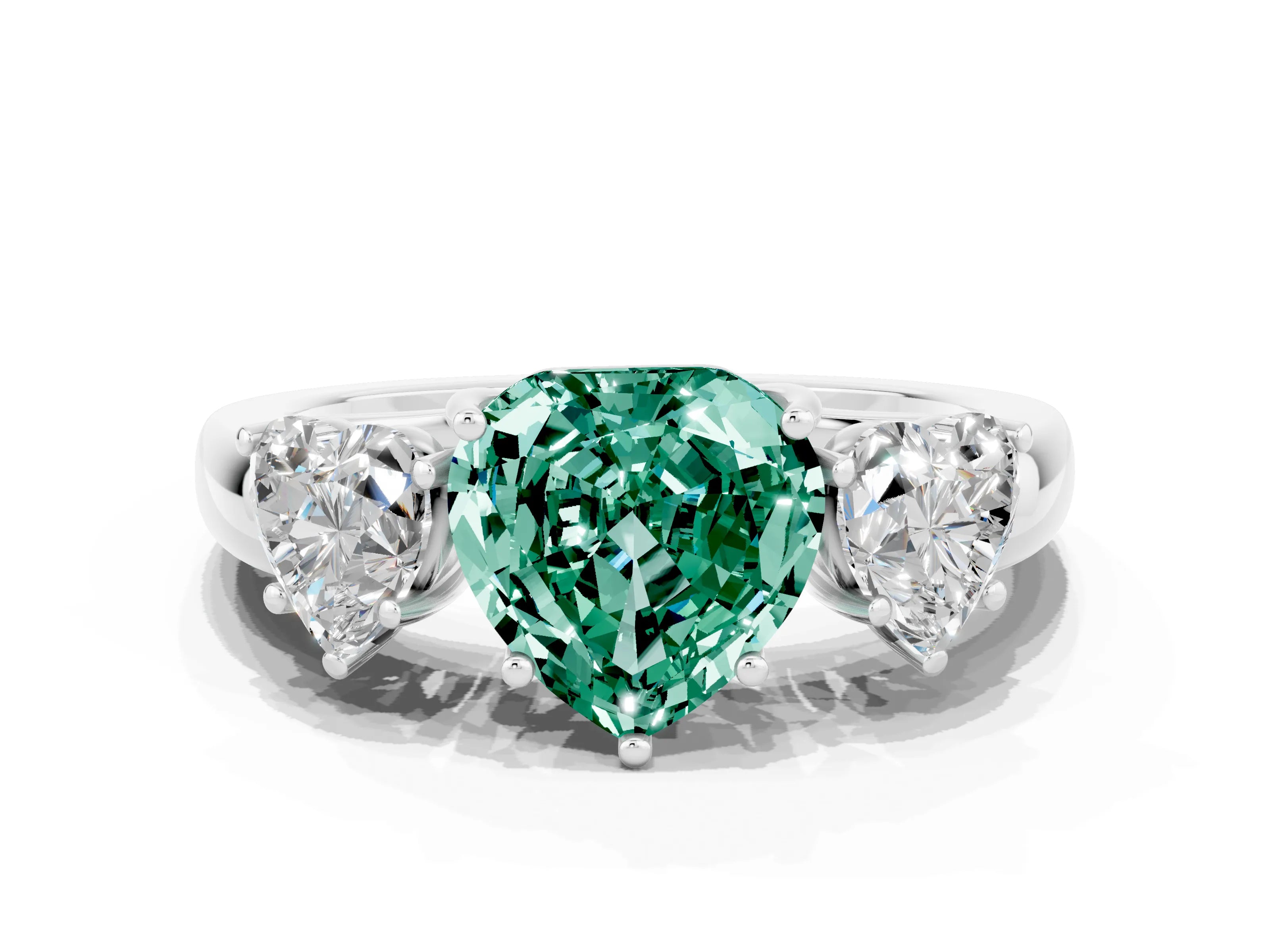 White gold Heart Cut Green Sapphire Three-Stone Ring with Four-Prong Setting and Classic Band