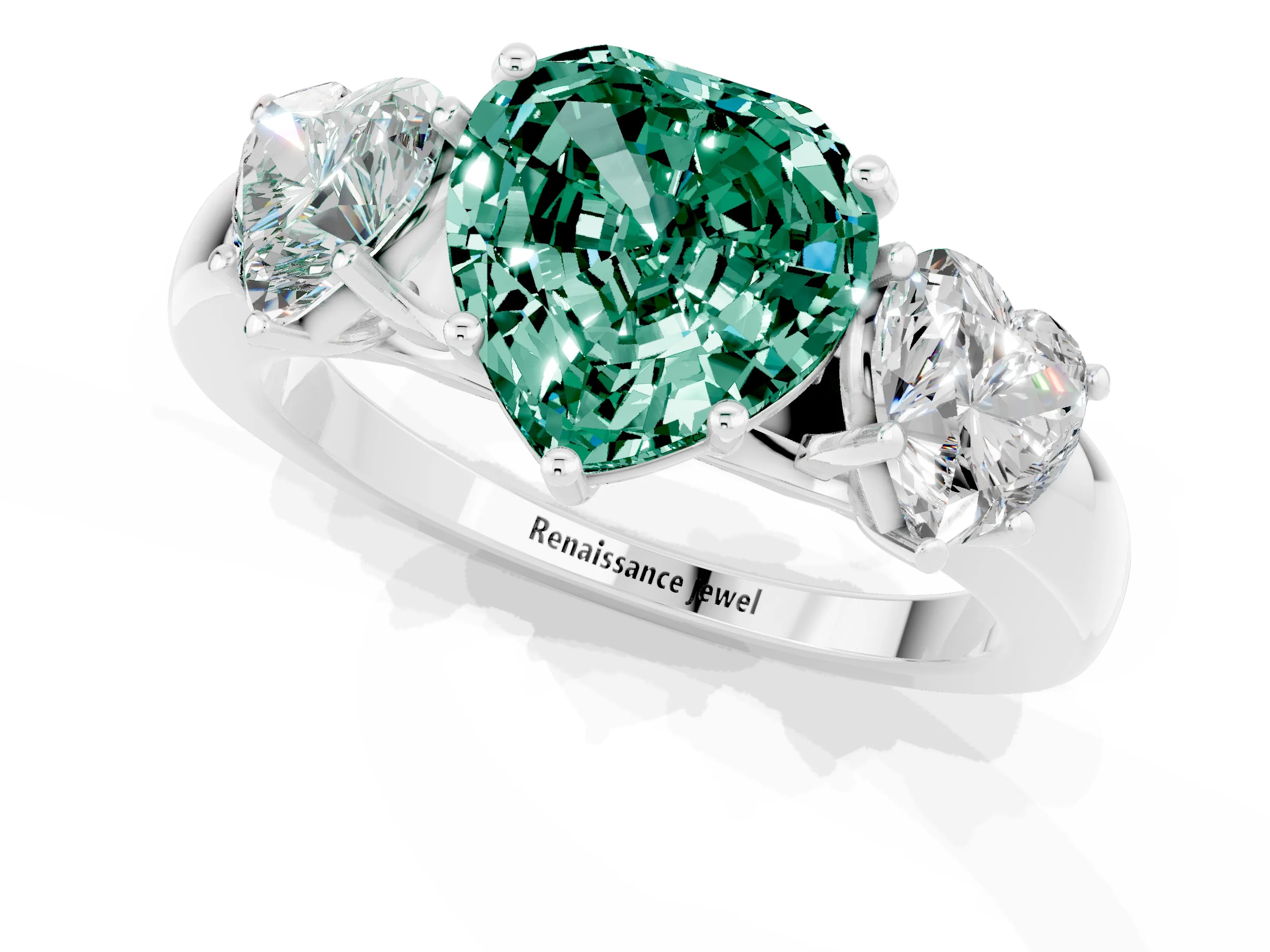 White gold Heart Cut Green Sapphire Three-Stone Ring with Four-Prong Setting and Classic Band_1