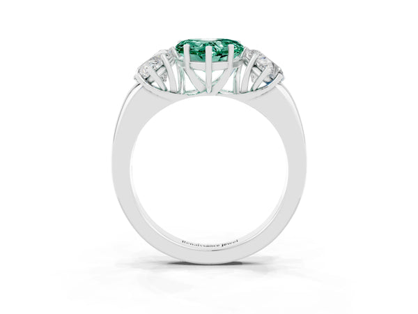 Platinum Heart Cut Green Sapphire Three-Stone Ring with Four-Prong Setting and Classic Band
