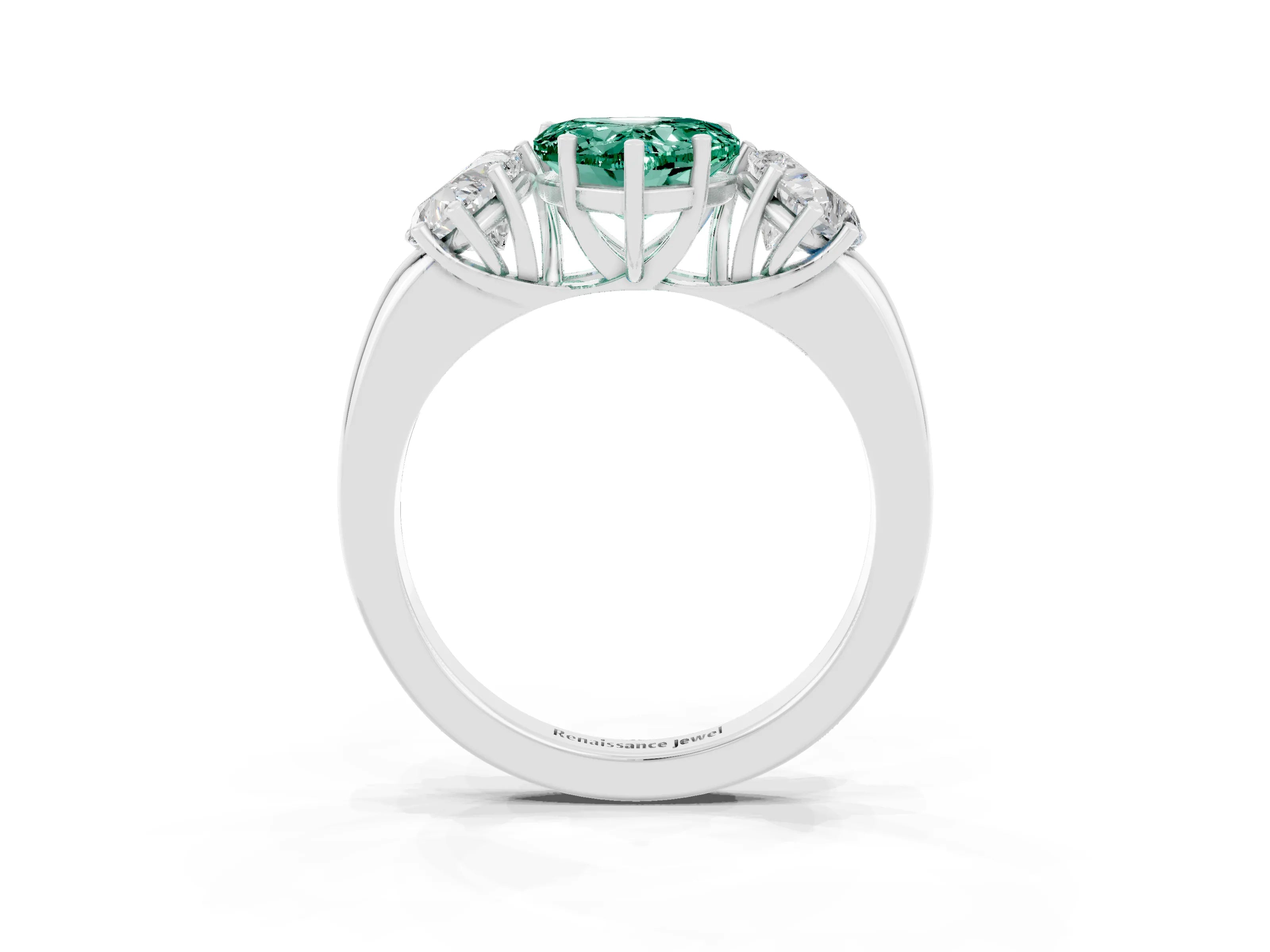 White gold Heart Cut Green Sapphire Three-Stone Ring with Four-Prong Setting and Classic Band_3