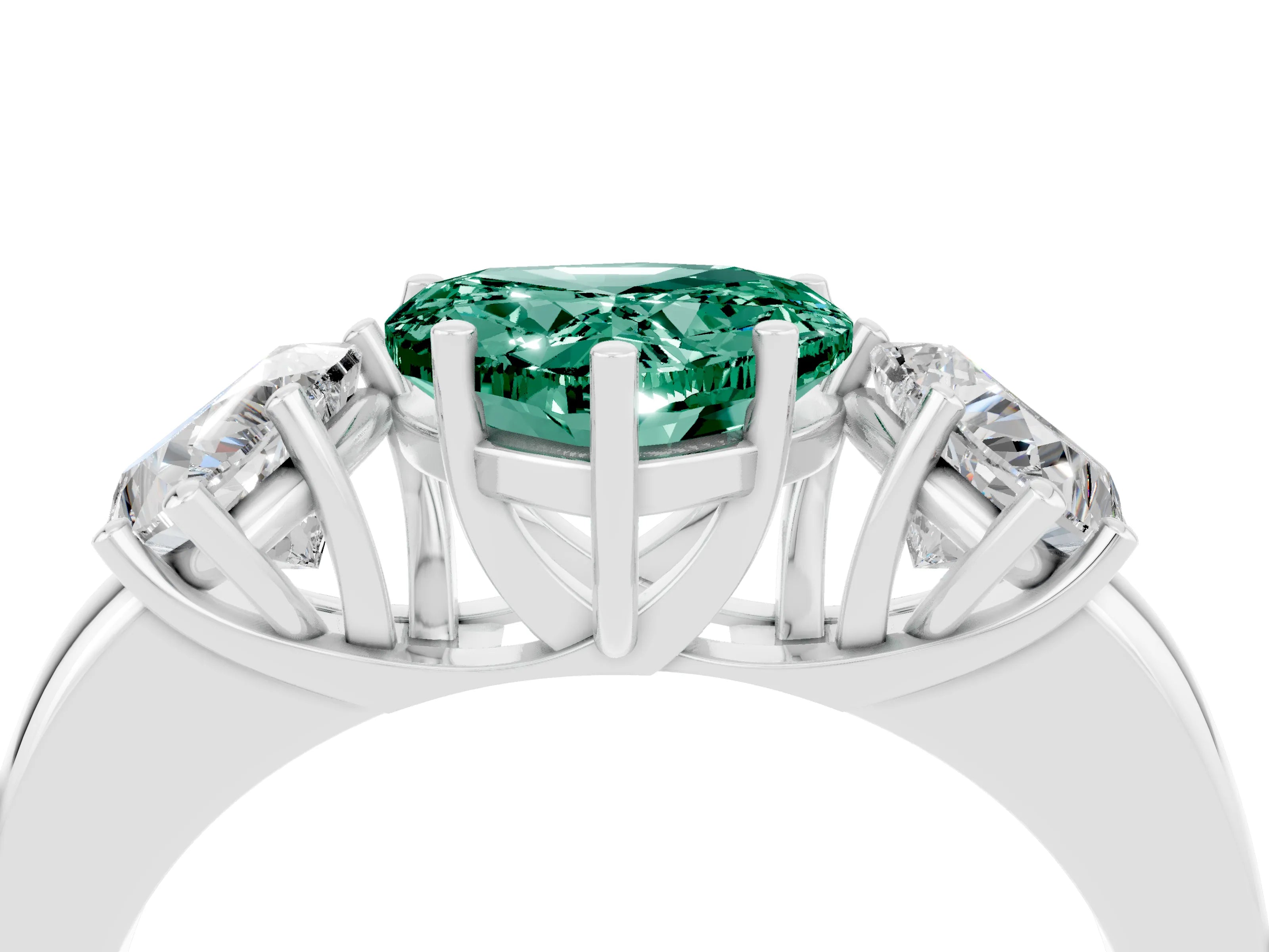 White gold Heart Cut Green Sapphire Three-Stone Ring with Four-Prong Setting and Classic Band_4